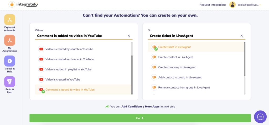 Acțiuni YouTube și LiveAgent selectate
