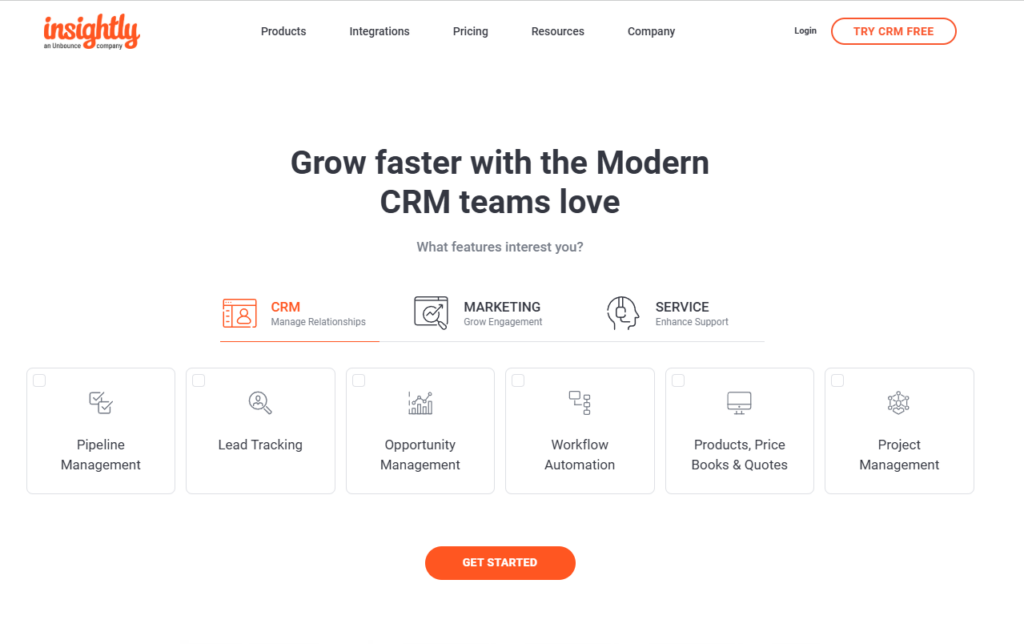 Insightly crm homepage screenshot