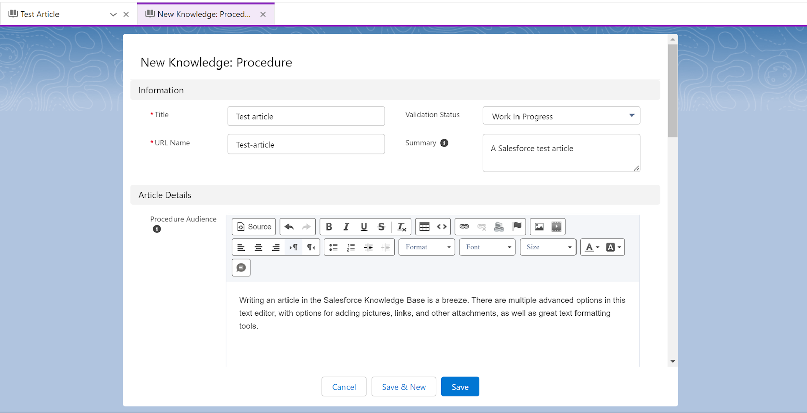 Редактор за статии в базата знания на Salesforce Sales Cloud
