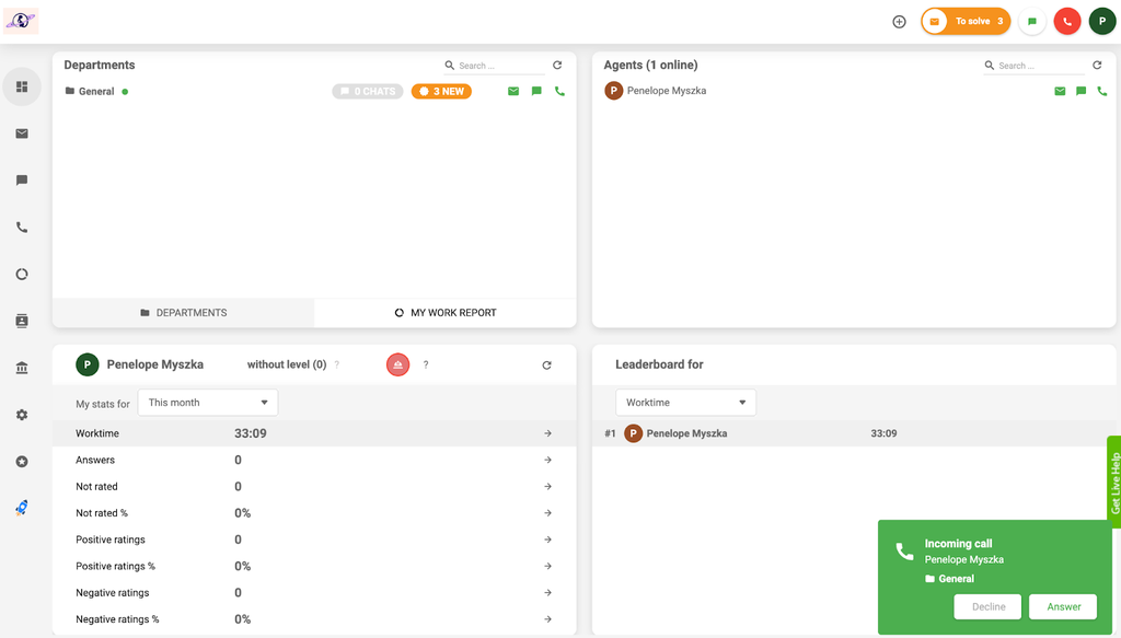 LiveAgent - incoming call shown on dashboard