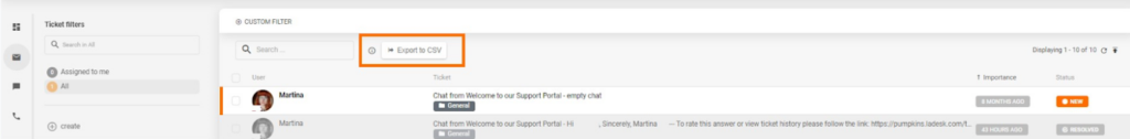 The CSV export in LiveAgent’s ticketing system.
