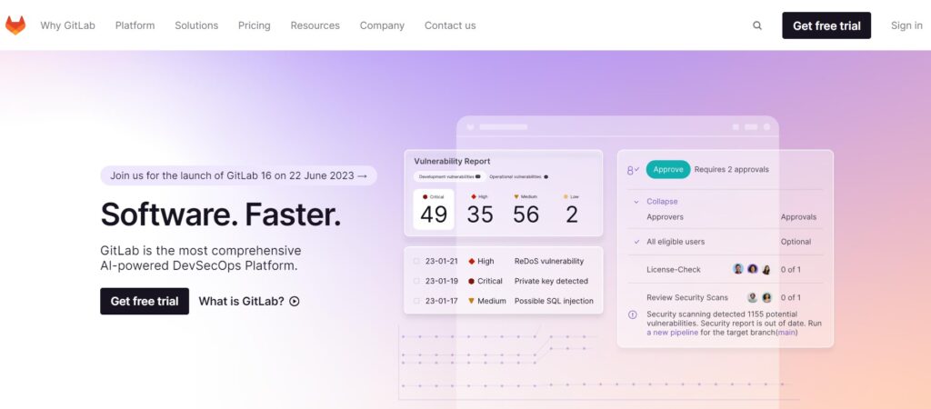 GitLab’s homepage - comprehensive AI-powered DevSecOps platform that can help you manage your software development processes.