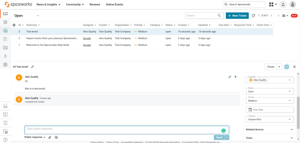 Spiceworks - responding to a ticket