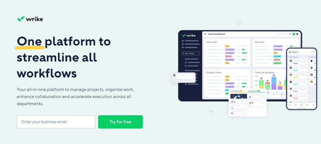 Wrike’s homepage - an all-in-one platform for managing projects, organizing work, and enhancing collaboration across departments.