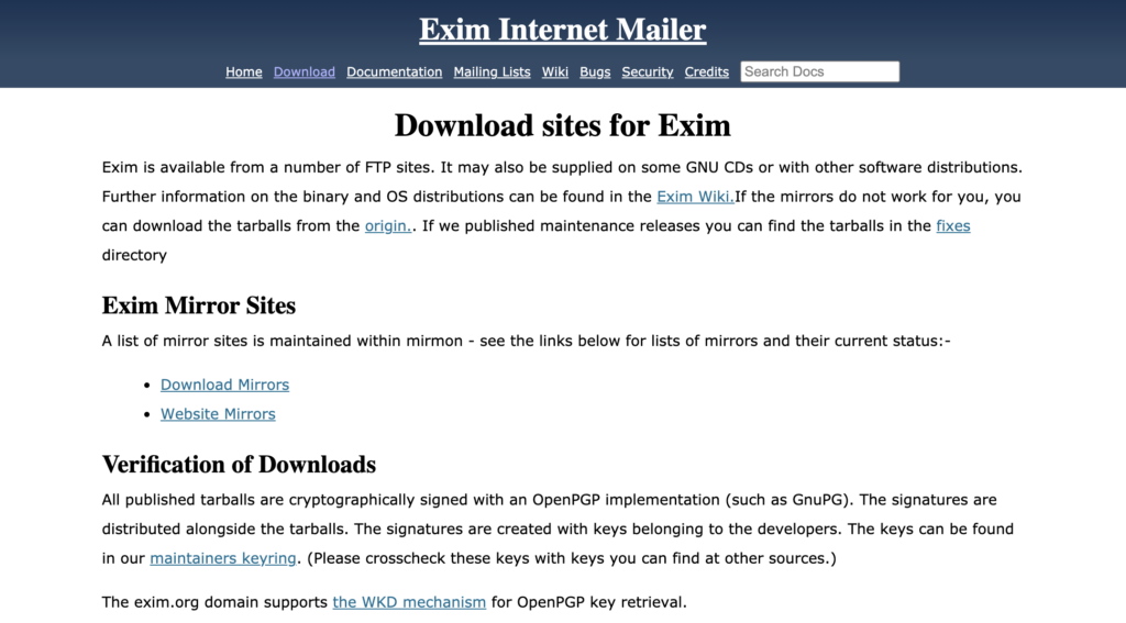 Exim mail website with multiple download mirror options