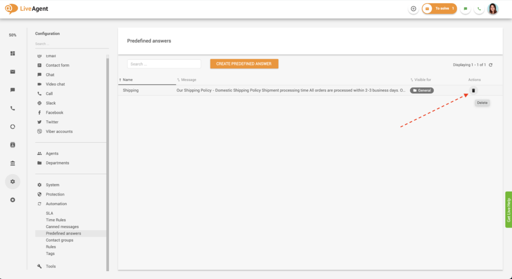 deleting predefined answer in LiveAgent