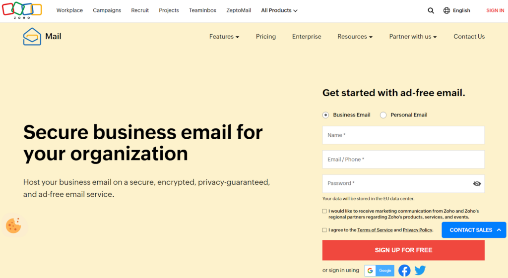 Zoho Mail homepage