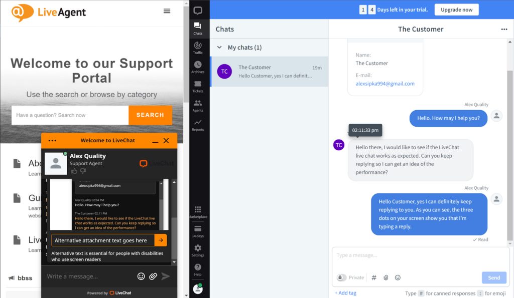 Example of attachements in live chat