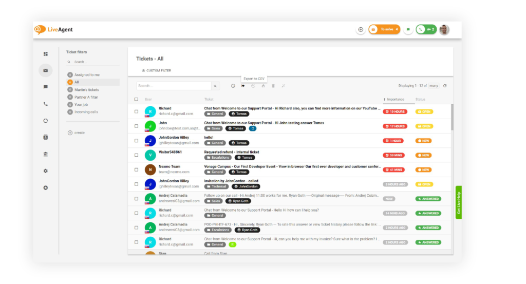 Image of LiveAgent's centralized ticketing system that stores all customer requests