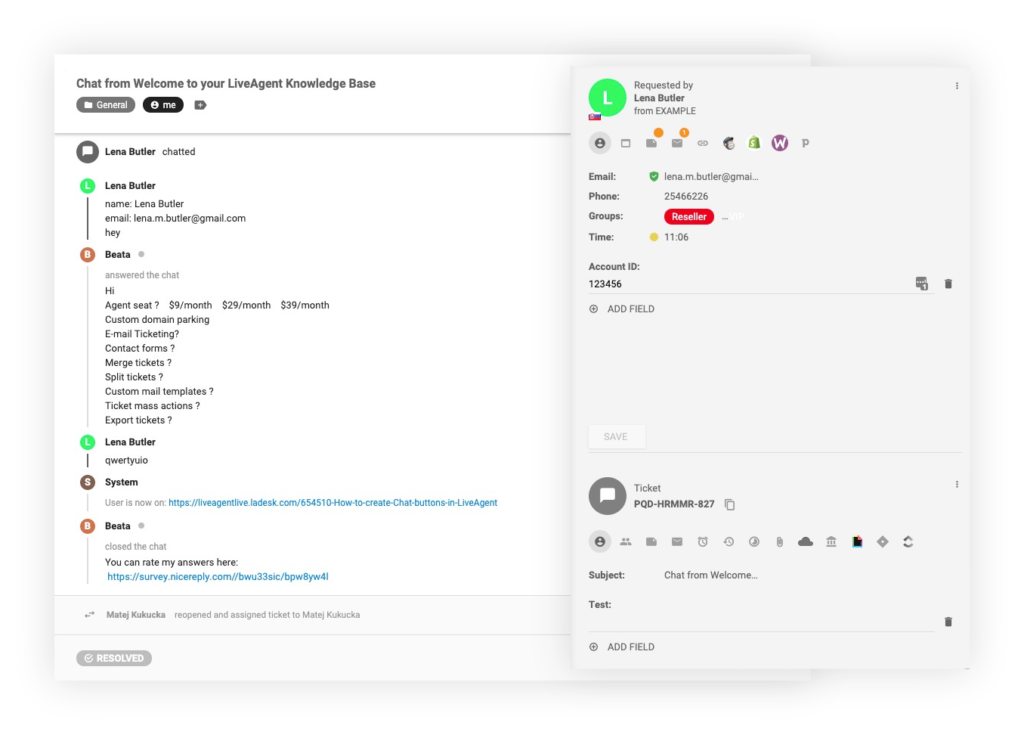 Customer information readily available for agents in LiveAgent