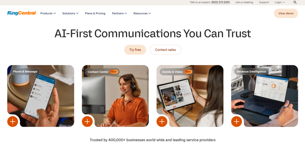 RingCentral homepage - AI-powered communication tool