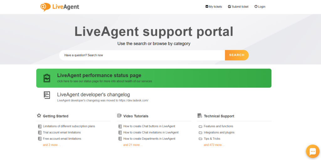 Image of LiveAgent's support portal with links to the performance status page, developer's changelog, and suggested articles