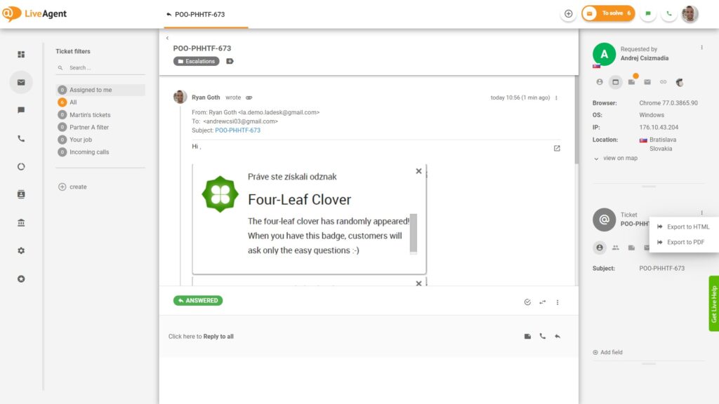 The ticket export feature, enabling exports into HTML and PDF format.