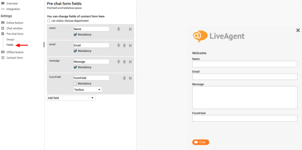 Image displaying the field settings of pre chat for in LiveAgent live chat software.