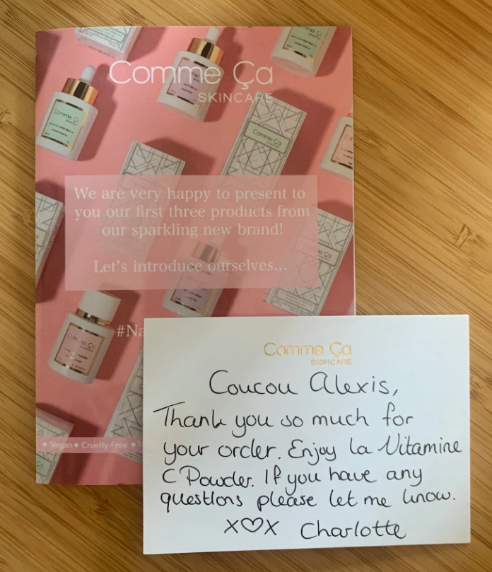 Carte escrita a mano de Comme Ça Skincare