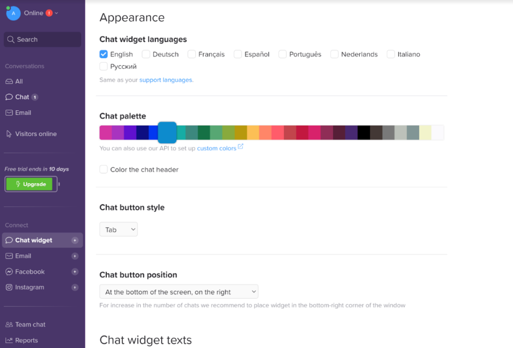 Chatra live chat widget customization