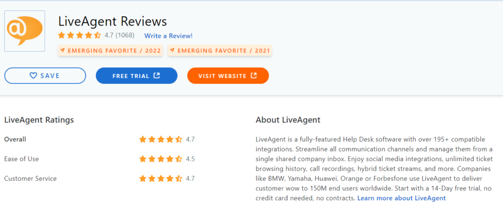LiveAgent Capterra review 2022