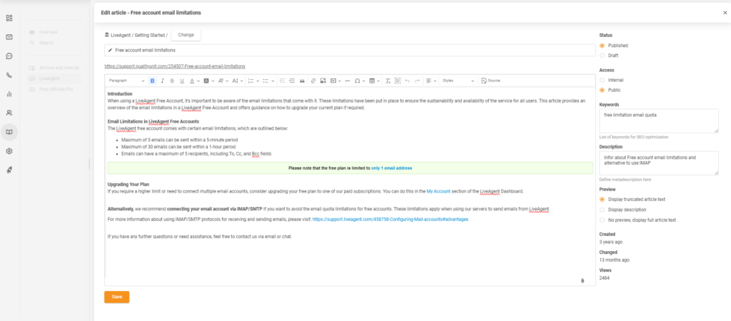 Article editor in LiveAgent